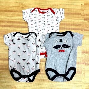 Baby Gear | Bundle of 3 Baby Onesies with Red & Black Raccoons | Size 6-9 Months